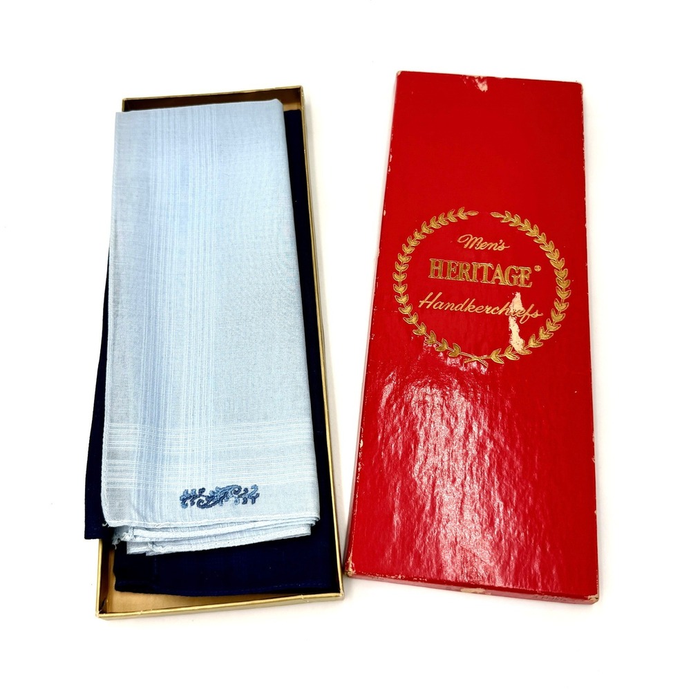 Vintage Heritage Mens Handkerchiefs Set of 2 Light and Navy Blue Embroidered Box